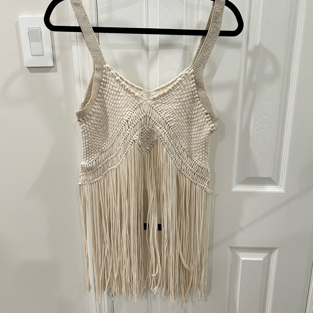 Cream Fringe Knit Tank Top
